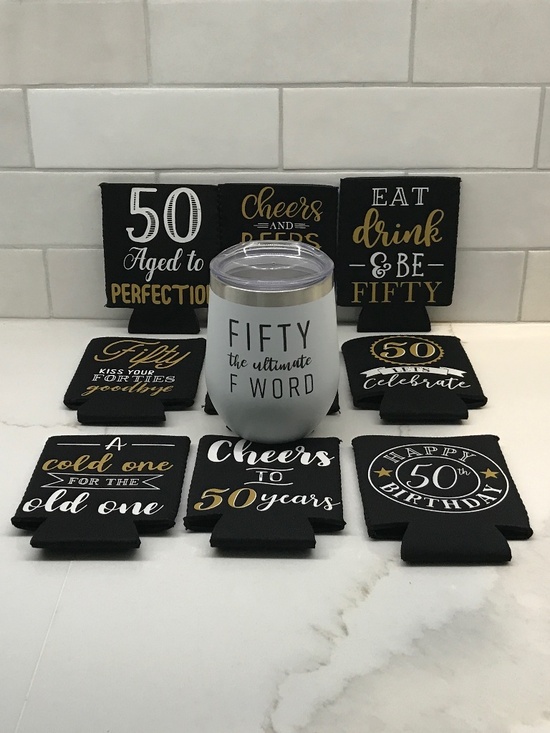 Other - 50th Birthday Stainless Wine Tumbler and Coozies